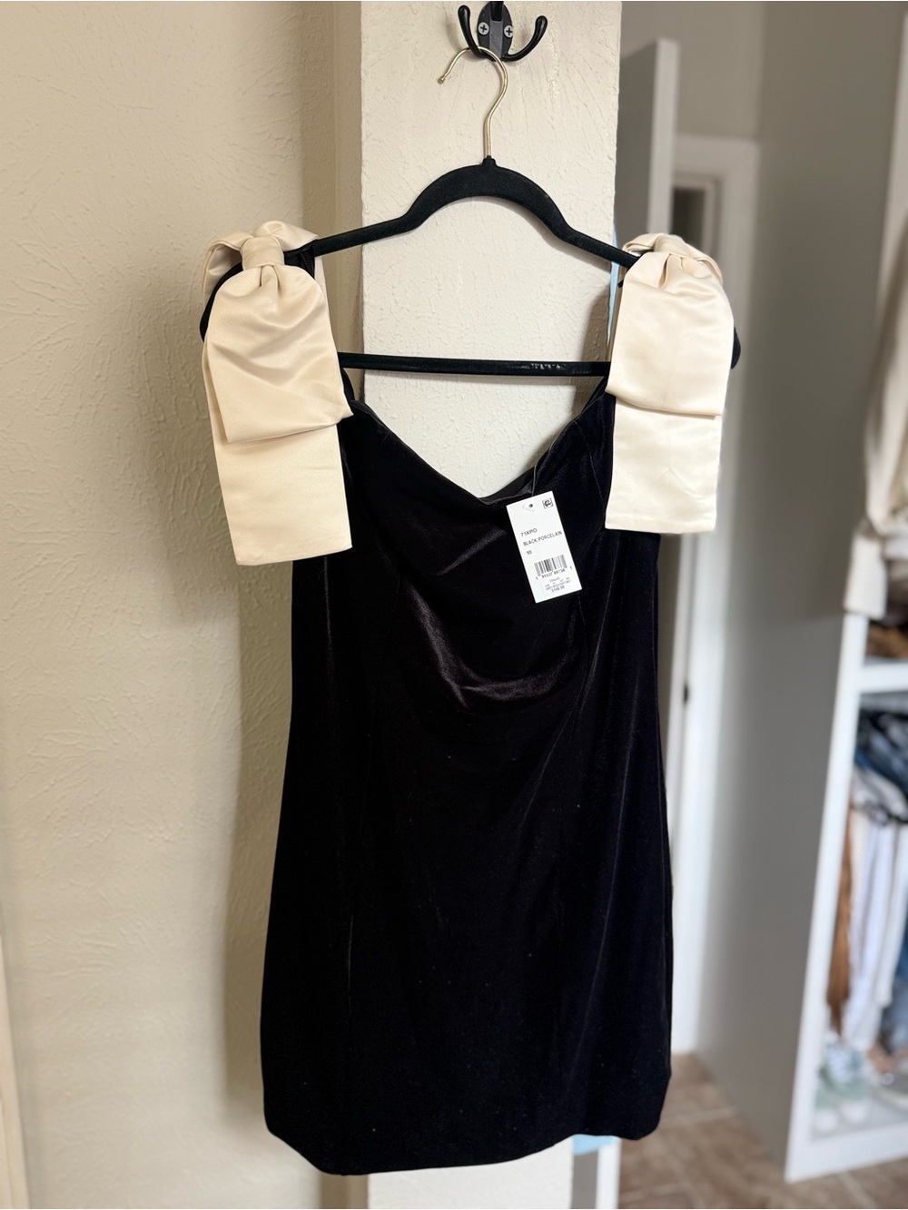 French Connection Black Velvet Mini Dress with Cream Bow Straps
